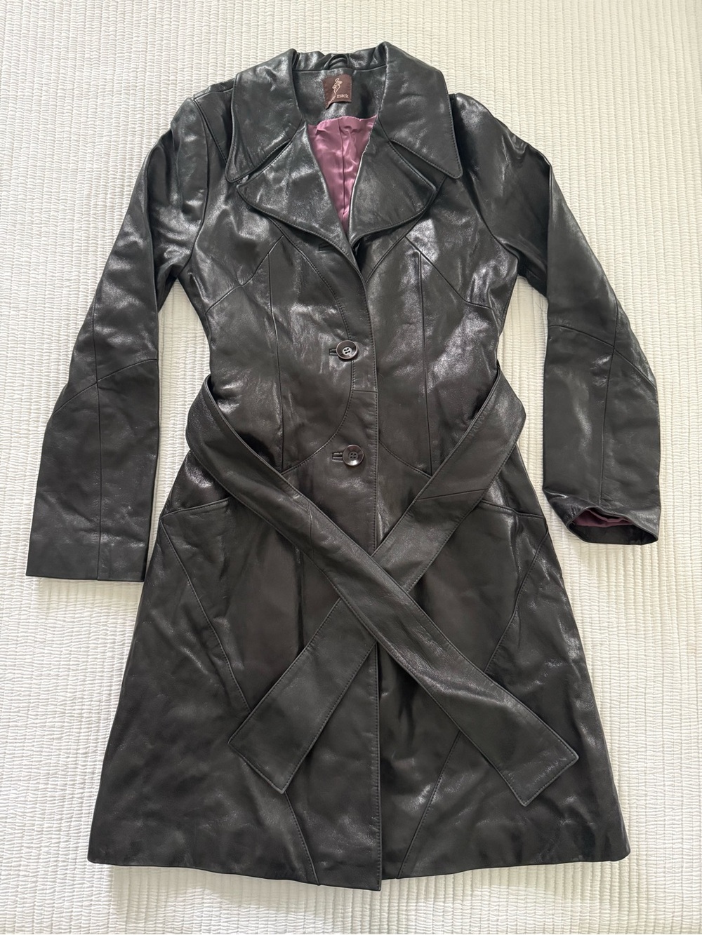 Women's Black Leather Trench Coat with Belted Waist